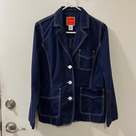 Isaac Mizrahi Target Womens Navy Blue White Contrast LS Unlined Blazer Sz Medium - Picture 4 of 10